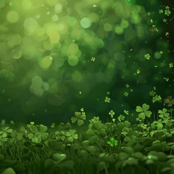Green banner clearing grass clovers bokeh effect space for your own content. Green four-leaf clover symbol of St. Patrick's Day. Happy time of celebration in green color.