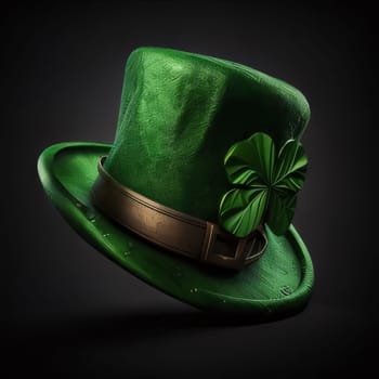 Green hat with a stripe and a four-leaf clover on a dark background.Green color symbol of St. Patrick's Day.A joyous time of celebration in green color.