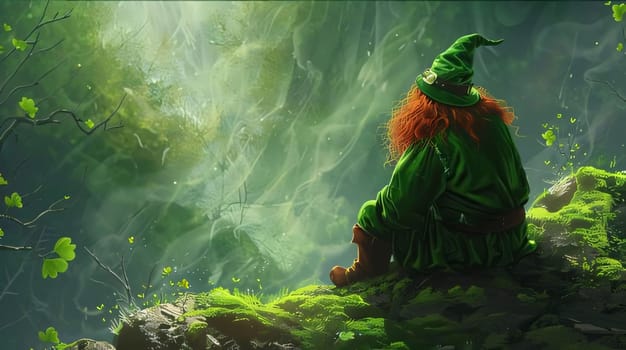 Illustration, sitting on a green rock a man in green attire, green hat.Green color symbol of St. Patrick's Day.A joyous time of celebration in green color.