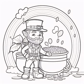 Black and White coloring sheet; leprechaun and a jug full of gold coins rainbow with clouds in the background.Green color symbol of St. Patrick's Day.A joyous time of celebration in green color.