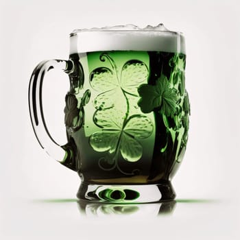 Beer in a green mug with a four-leaf clover on a white isolated background. Green color symbol of St. Patrick's Day. A joyous time of celebration in green color.