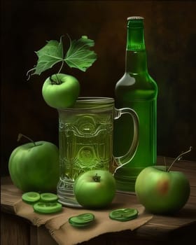 Green Cider, apples, cucumber slices, a cup of beer wine on a wooden table top. Green color symbol of St. Patrick's Day. A joyous time of celebration in green color.