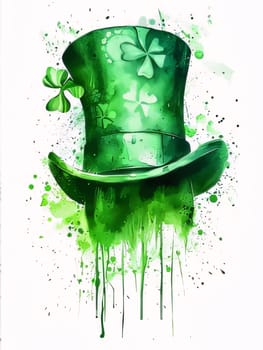 Painted with paint, green hat cylinder with limb, dripping paint, white background. The green color symbol of St. Patrick's Day. A joyous time of celebration in the green color.