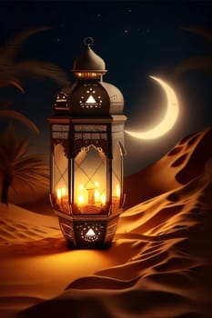 Lantern with many candles in the desert sand with the moon in the background. Lantern as a symbol of Ramadan for Muslims. A time to meet with God.