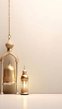 Burning lantern with rich gold embellishments on the left side on a light background. Lantern as a symbol of Ramadan for Muslims, banner with space for your own content. Blank field for the inscription.