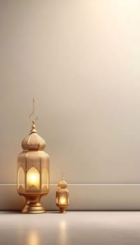 Burning lanterns with rich gold decorations on the left on a light background. Lantern as a symbol of Ramadan for Muslims, banner with space for your own content. Blank field for the inscription.