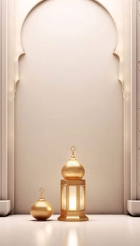 Burning golden lantern in the middle in the background decorated door. Bright background. Lantern as a symbol of Ramadan for Muslims, banner with space for your own content. Blank field for the inscription.