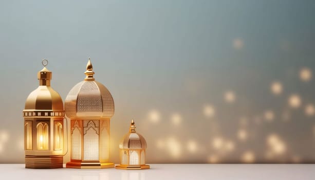 Burning golden mosque-looking decorated lanterns on bright background with bokeh effect. Lantern as a symbol of Ramadan for Muslims, banner with space for your own content. Blank field for the inscription.