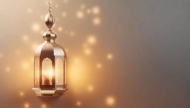 Burning golden mosque-looking decorated lanterns on bright background with bokeh effect. Lantern as a symbol of Ramadan for Muslims, banner with space for your own content. Blank field for the inscription.