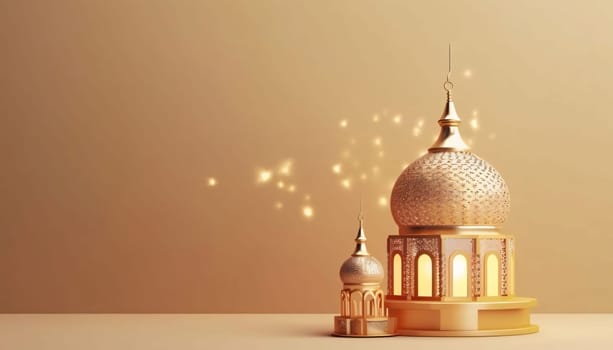 Burning golden mosque-looking decorated lanterns on bright background with bokeh effect. Lantern as a symbol of Ramadan for Muslims, banner with space for your own content. Blank field for the inscription.