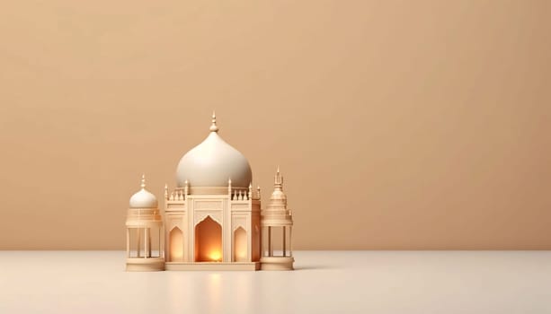Burning golden mosque-looking decorated lanterns on bright background with bokeh effect. Lantern as a symbol of Ramadan for Muslims, banner with space for your own content. Blank field for the inscription.