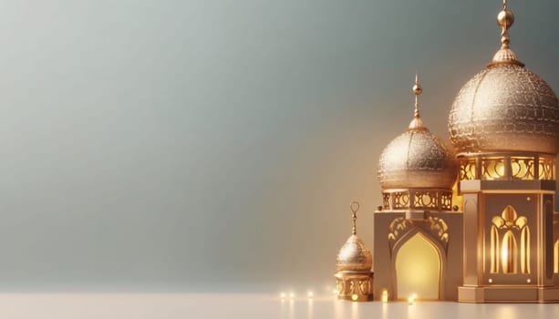 Burning golden mosque-looking decorated lanterns on bright background with bokeh effect. Lantern as a symbol of Ramadan for Muslims, banner with space for your own content. Blank field for the inscription.