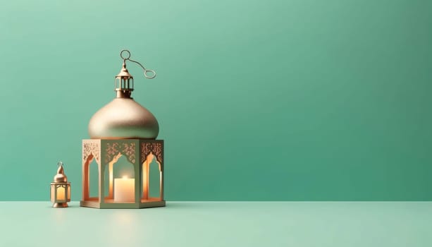 Burning golden mosque-looking decorated lanterns on bright background with bokeh effect. Lantern as a symbol of Ramadan for Muslims, banner with space for your own content. Blank field for the inscription.