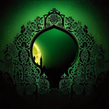 Elegant decorated shapes, stained glass, Gate. On a green background. Lantern as a symbol of Ramadan for Muslims. A time to meet with God.