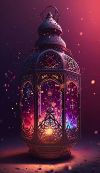 Decorated lantern with colorful glass, burning around bokech effects. Lantern as a symbol of Ramadan for Muslims. A time to meet with God.