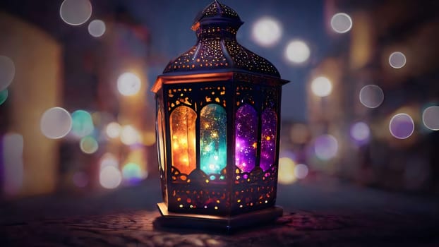 Decorated metal lantern of color, glowing on a smudged background. Lantern as a symbol of Ramadan for Muslims. A time to meet with God.