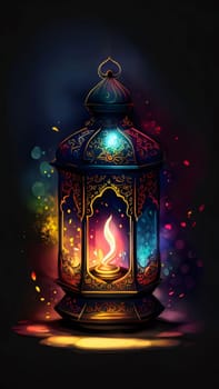 Decorated lantern with colorful glass, burning on a colorful background. Lantern as a symbol of Ramadan for Muslims. A time to meet with God.