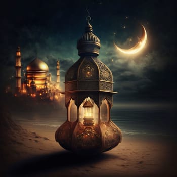 Abstract lantern illustration of a crescent moon in the sky and a golden mosque in the background on the beach. Lantern as a symbol of Ramadan for Muslims. A time to meet with God.