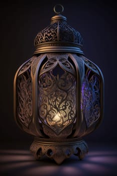 Close-up view of an ornate gold lantern against a dark background of burning candles. Lantern as a symbol of Ramadan for Muslims. A time to meet with God.