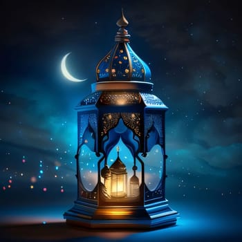 Gold lantern with small lanterns in the center on a blue background and half moon. Lantern as a symbol of Ramadan for Muslims. A time to meet with God.