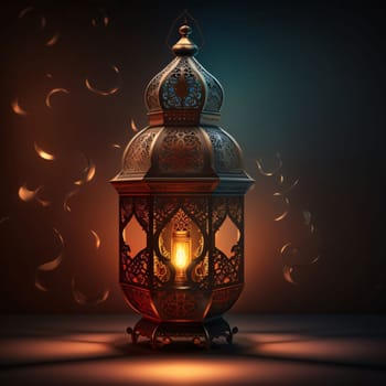 Burning gold decorated lantern on a red background. Lantern as a symbol of Ramadan for Muslims. A time to meet with God.