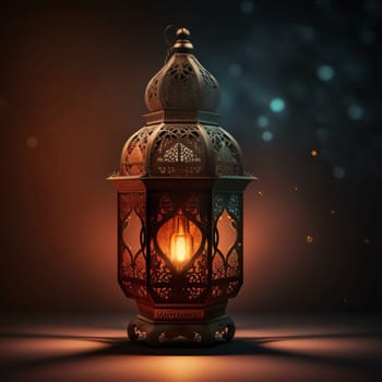 Burning gold decorated lantern on a red background. Lantern as a symbol of Ramadan for Muslims. A time to meet with God.