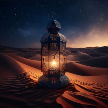 Burning decorated lantern in the desert on a mountain of sand at night. Lantern as a symbol of Ramadan for Muslims. A time to meet with God.