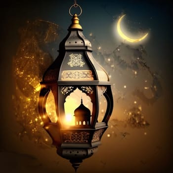 Hanging burning lantern around gold dust decoration, crescent moon. Lantern as a symbol of Ramadan for Muslims. A time to meet with God.