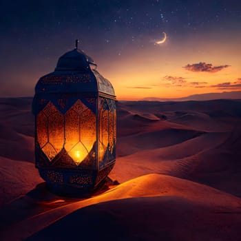 Burning decorated lantern in the desert on a mountain of sand at night. Lantern as a symbol of Ramadan for Muslims. A time to meet with God.