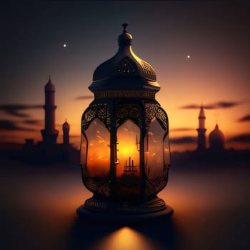 Burning decorated lantern against the background of the mosque tower at sunset. Lantern as a symbol of Ramadan for Muslims. A time to meet with God.