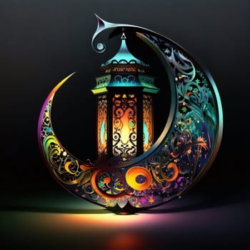A burning golden lantern by a richly decorated half moon on a dark background. Lantern as a symbol of Ramadan for Muslims. A time to meet with God.