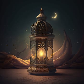 Decorated gold burning lantern on a night background. Lantern as a symbol of Ramadan for Muslims. A time to meet with God.