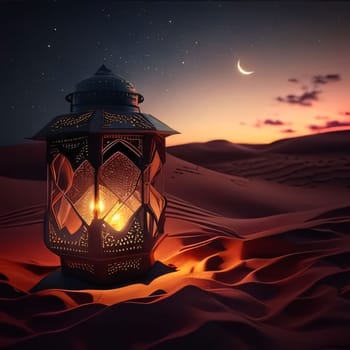 Burning decorated lantern on the sands of the desert at sunset in the sky of the Crescent star. Lantern as a symbol of Ramadan for Muslims. A time to meet with God.