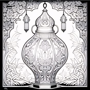 Black and white coloring sheet, richly decorated lantern. Lantern as a symbol of Ramadan for Muslims. A time to meet with God.