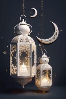 Hanging on a string two white decorated lanterns with candles in the background of the Crescent star. Lantern as a symbol of Ramadan for Muslims. A time to meet with God.