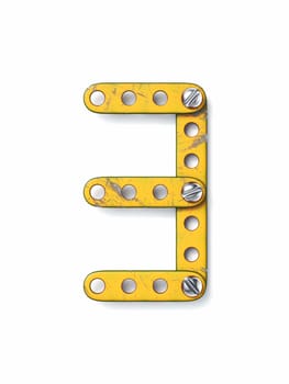Aged yellow constructor font Number 3 THREE 3D rendering illustration isolated on white background
