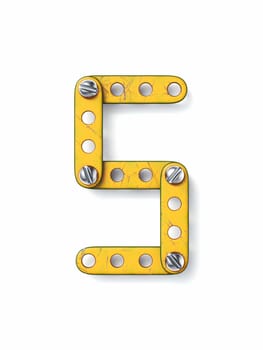 Aged yellow constructor font Number 5 FIVE 3D rendering illustration isolated on white background