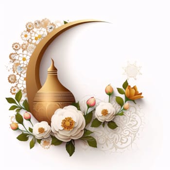 Gold Crescent decorated with white flowers with leaves white background. Lantern as a symbol of Ramadan for Muslims. A time to meet with God.