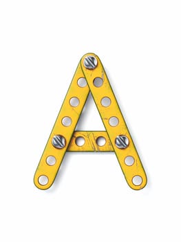 Aged yellow constructor font Letter A 3D rendering illustration isolated on white background