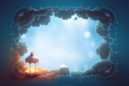 A frame of clouds and a burning lantern in the middle of a blue, white blank with a space for one's own tracker. Lantern as a symbol of Ramadan for Muslims. A time to meet with God.