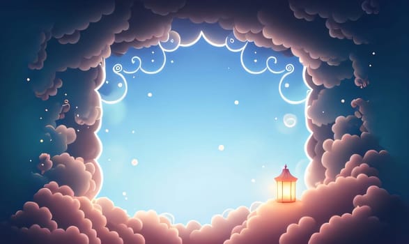 A frame of clouds and a burning lantern in the middle of a blue, white blank with a space for one's own tracker. Lantern as a symbol of Ramadan for Muslims. A time to meet with God.