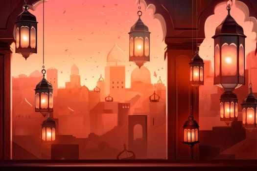 Hanging on strings burning lanterns in the background silhouettes of houses. Lantern as a symbol of Ramadan for Muslims. A time to meet with God.