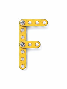 Aged yellow constructor font Letter F 3D rendering illustration isolated on white background