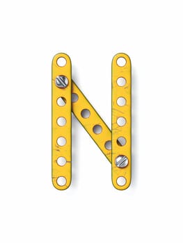 Aged yellow constructor font Letter N 3D rendering illustration isolated on white background