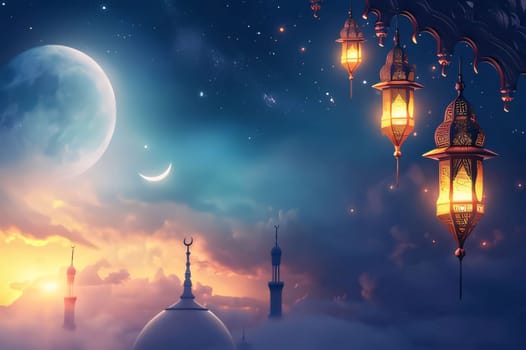 Hanging burning golden lanterns on a blue background silhouette of a mosque, stars. Banner with space for your own content. Blank field for the inscription.