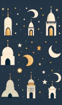 Elegant and modern. Mosques, stars, crescents as abstract background, wallpaper, banner, texture design with pattern - vector. Dark colors