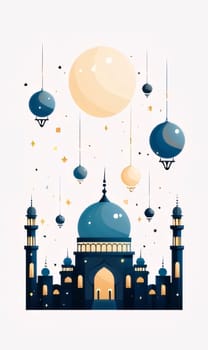 Illustration of purple mosque and hanging lamps, white background. Mosque as a place of prayer for Muslims. A time to meet with Allah.