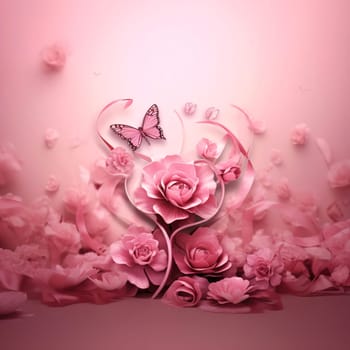 A pink rose and a butterfly on a light background. World Cancer Day A day to celebrate victory.