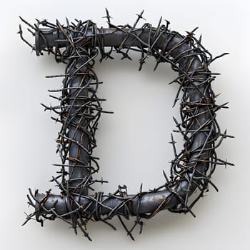 The letter D is crafted from barbed wire, resembling a twisted twig. This unique font made of a natural material adds an edgy touch to any event or art piece