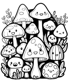 A monochrome illustration of several mushroom characters with faces, set in a whimsical cartoon style. The image features a tree, grass, and a rectangle gesture